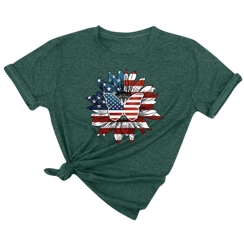 Women's Summer Casual Loose Sunflower Print T-shirt Round Neck Pullover Short Sleeve