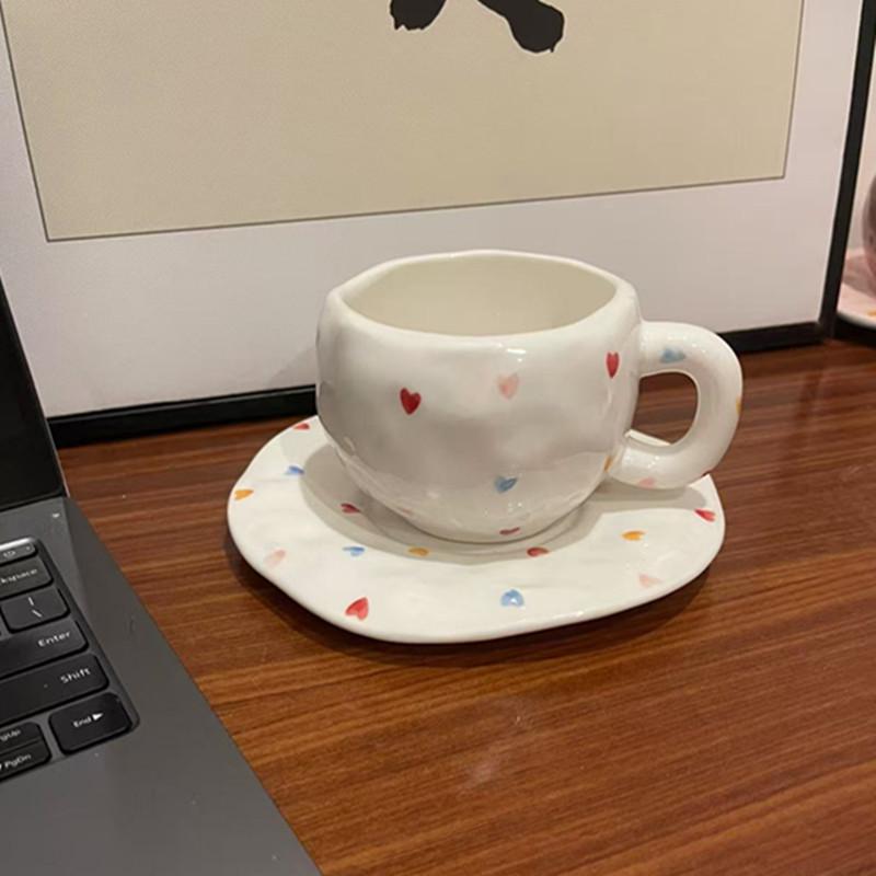 Korean Ins Style Hand-painted Love Ceramic Cup and Saucer Couple, Underglaze Color Irregular Coffee Cup and Saucer Afternoon Tea