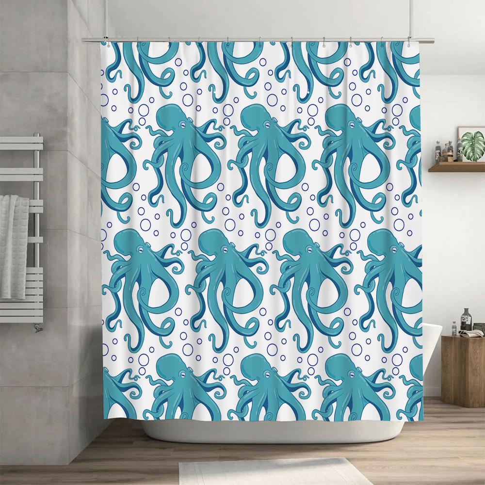 Ocean Blue Octopus Shower Curtain Waterproof Fabric Rectangular Pattern Home Decor Bathroom Accessory Large Size (216x183cm)