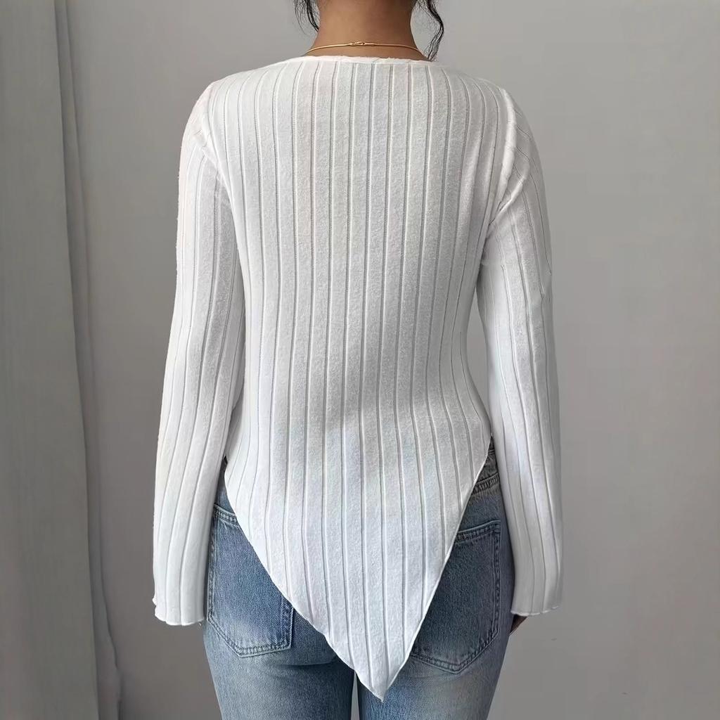 Camiseta de manga larga con cuello en V para mujer en colores sólidos para otoño e invierno