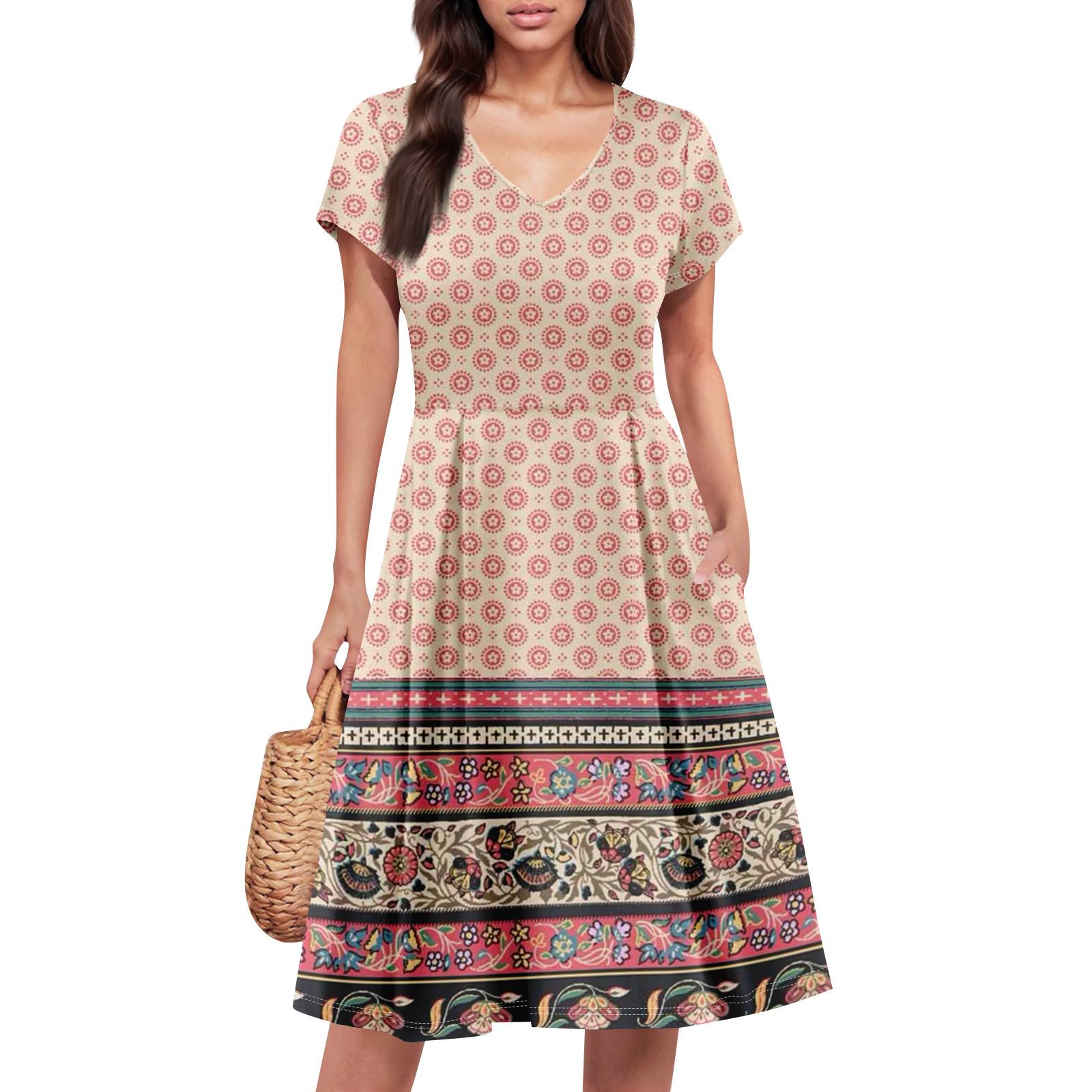 

Женское летнее платье с коротким рукавом, V-образным вырезом, короткое, модное, повседневное, летящее, А-силуэта, платье-сарафан с карманом XL арбуз красный