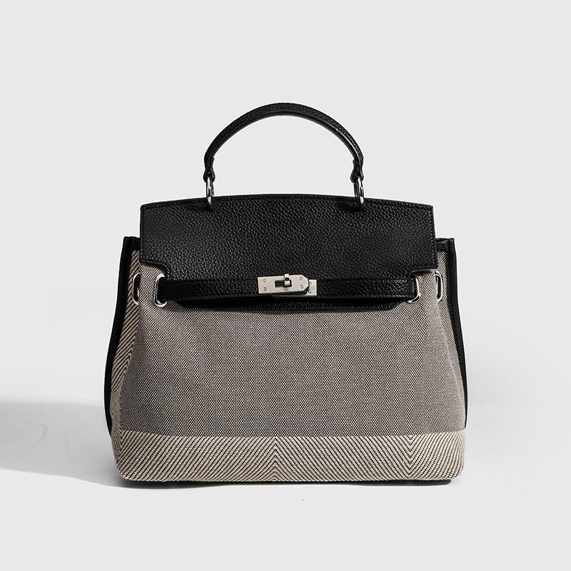 

2025 High-end Platinum Bag, Vintage Canvas and Soft Leather Commuter Bag, Large Capacity Shoulder Bag, Handbag for Women Black Small Size