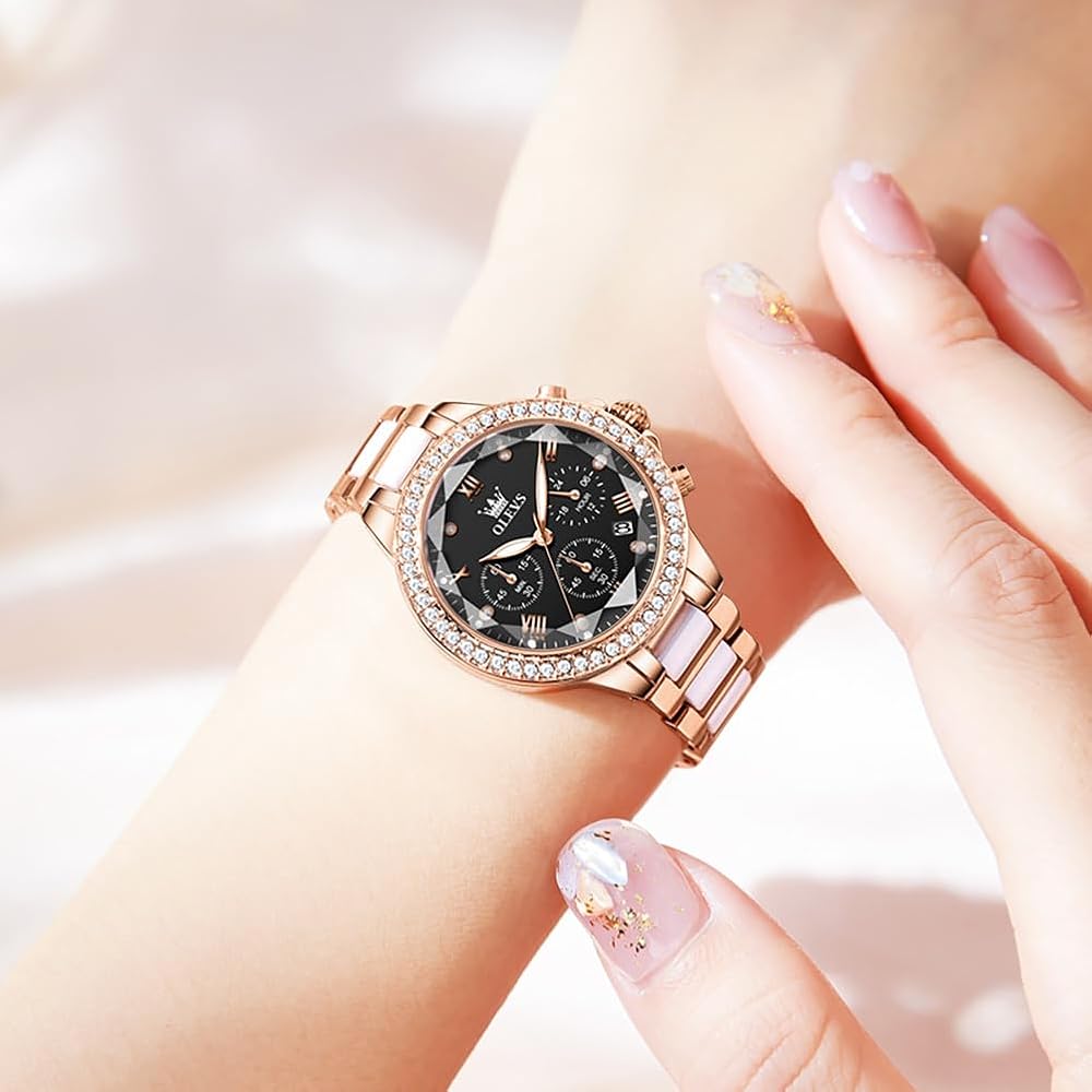 OLEVS Women's Elegant Rose Gold Automatic Mechanical Watch with Diamond Ceramic Band and Skeleton Design, Black/Rose Gold