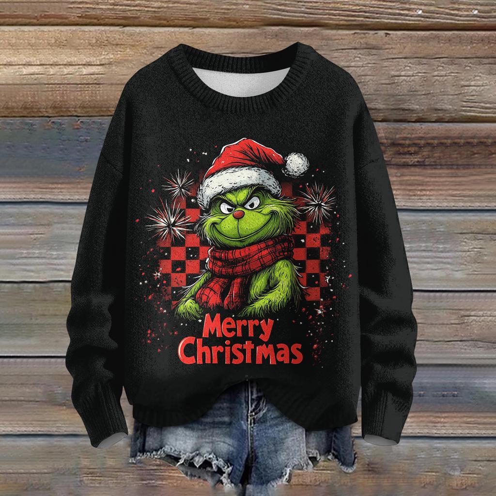 Ladies' Fashionable Casual Long Sleeved Cute Print Round Neck Knitted Yarn