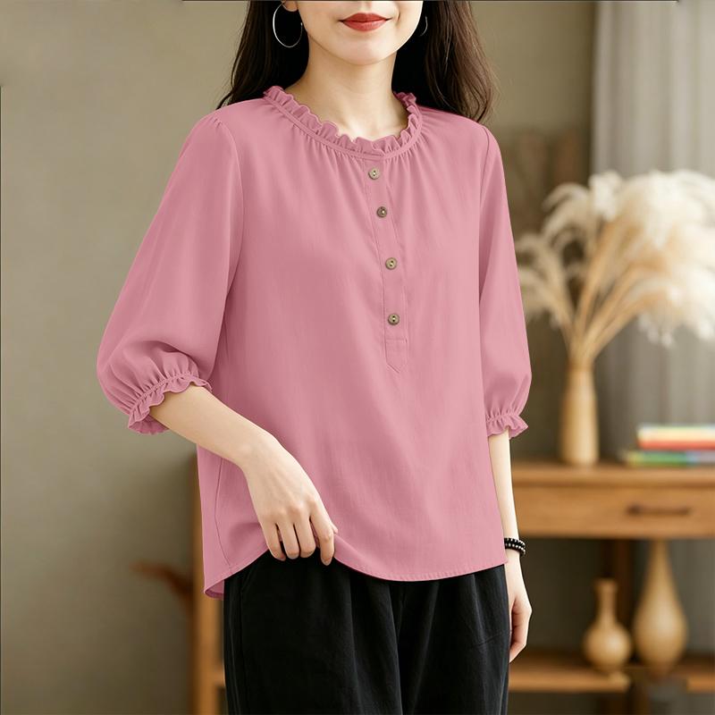 ZANZEA Women Casual Round Neck Solid Color 3/4 Sleeve Loose Blouse