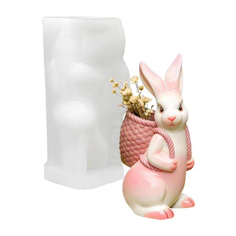 3D Easter Bunny Silicone Mold Diy Cute Animal Basket Rabbit Vase Ornaments Casting Molds Home Plaster Concrete Craft Gift Decor