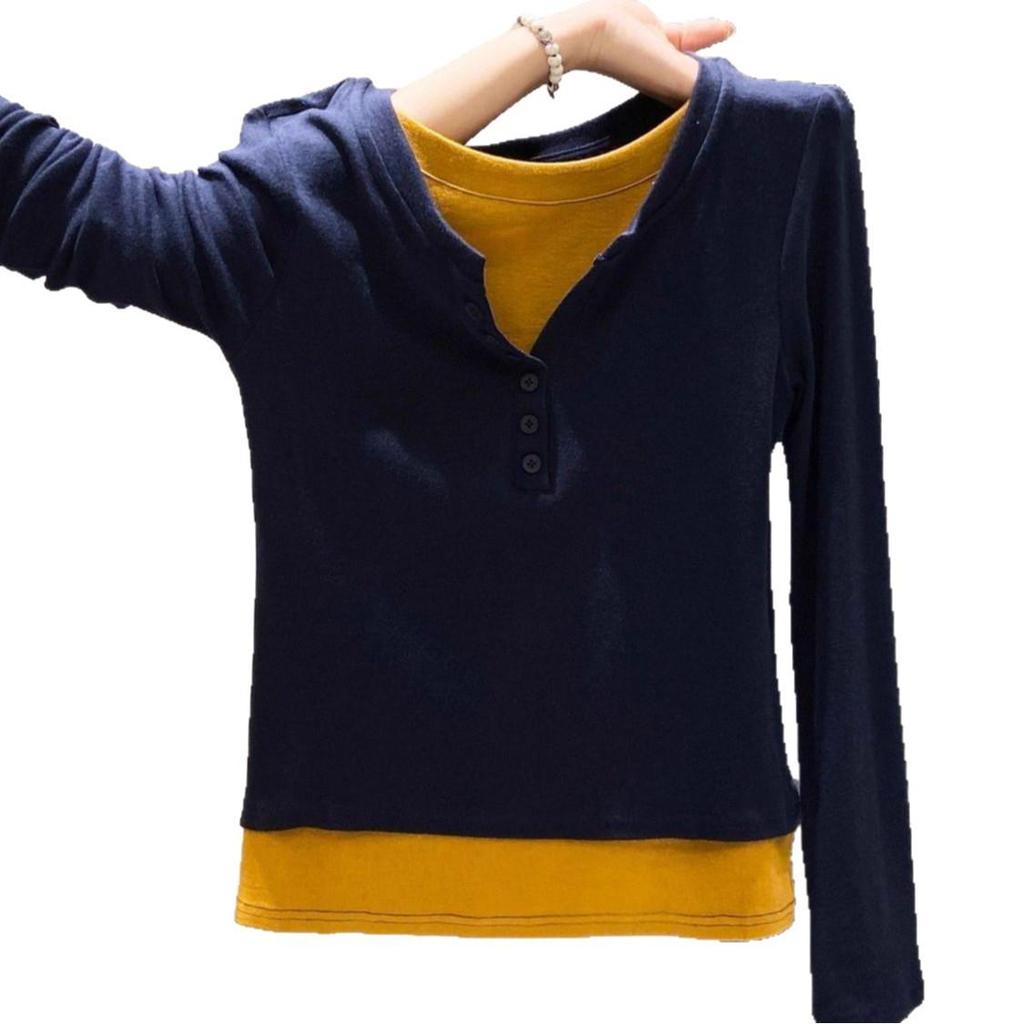 Damen Übergröße Samt Kontrast Langarm Zweiteiliger Look Schlankmachendes Herbst Oberteil