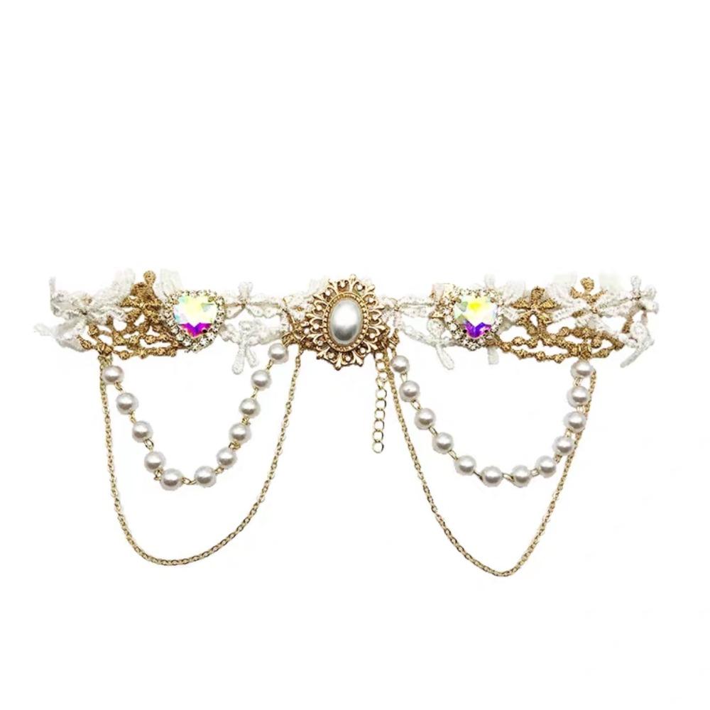 Exquisite Lace Pearl Choker Shiny Lolita Choker Necklace Fashion Rhinestone Tassel Necklace  Women