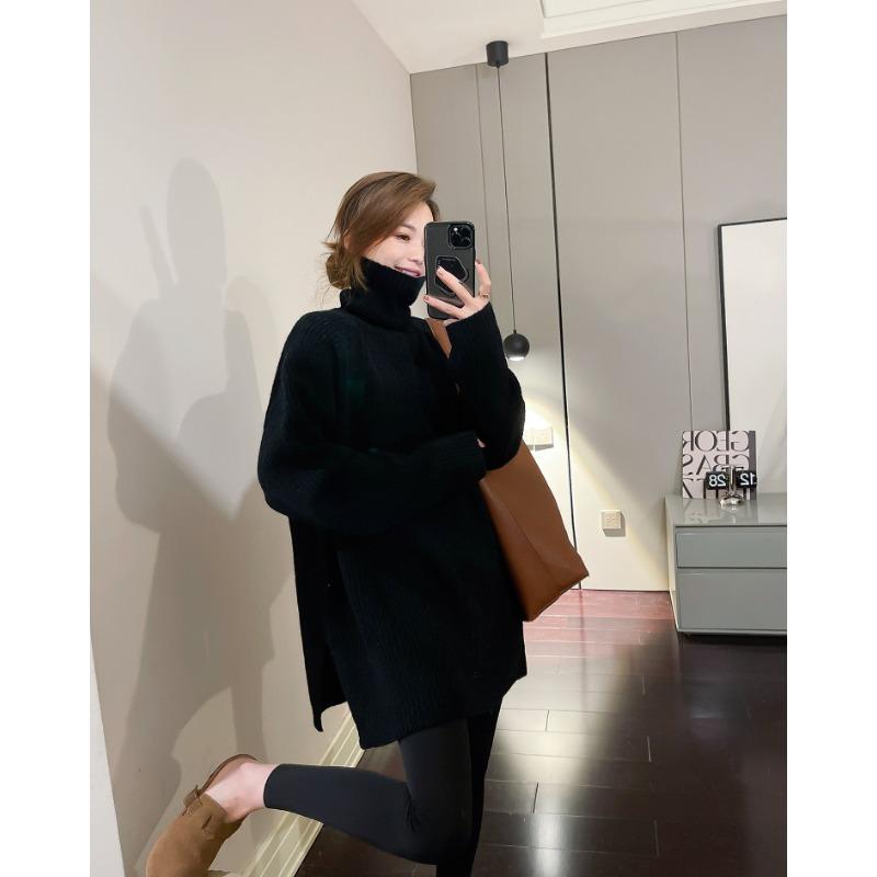 Soft Waxy Turtleneck Lazy Sweater Women's Autumn and Winter New Design Sense Versatile Split Fork Medium and Long Bottoming Top