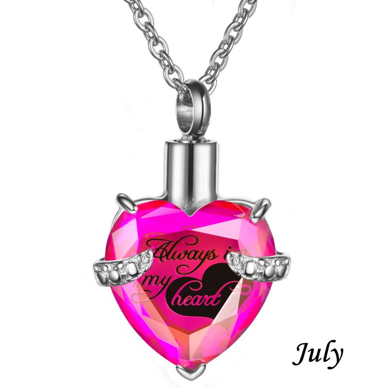 Always In My Heart Stainless Steel Birthstone Heart -Shaped Glass Clavicle Chain Perfume Bottle Keepsake Necklace Jewelry