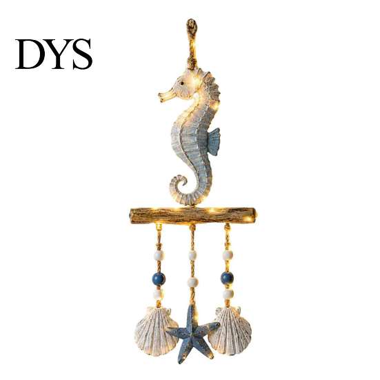 Jute Rope Wall Hanging Lighted Coastal Wooden Ornament, Nautical Fish Shell Starfish Sign with Handmade Beach Vibe Art Warm LED Lights, House