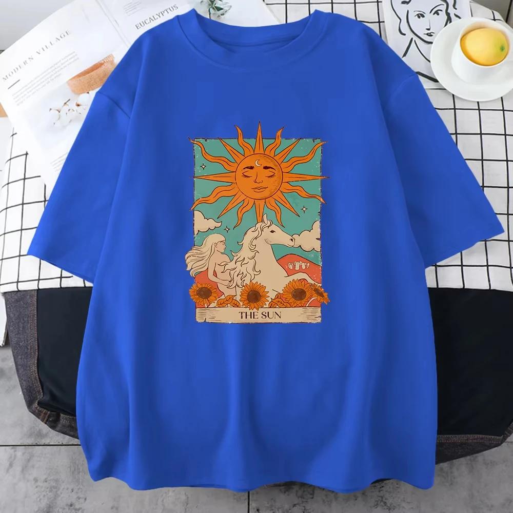 2025 Tarot Card Art The Sun Male Cotton T Shirt High Street Vintage Clothing Breathable Casual O-Neck Short Sleeve Mens Cotton