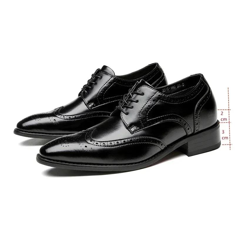Fashion Genuine Leather Brogue Men Shoes 6CM Height Increase Formal Dress Shoe Business Office Italian Men Designer Shoes