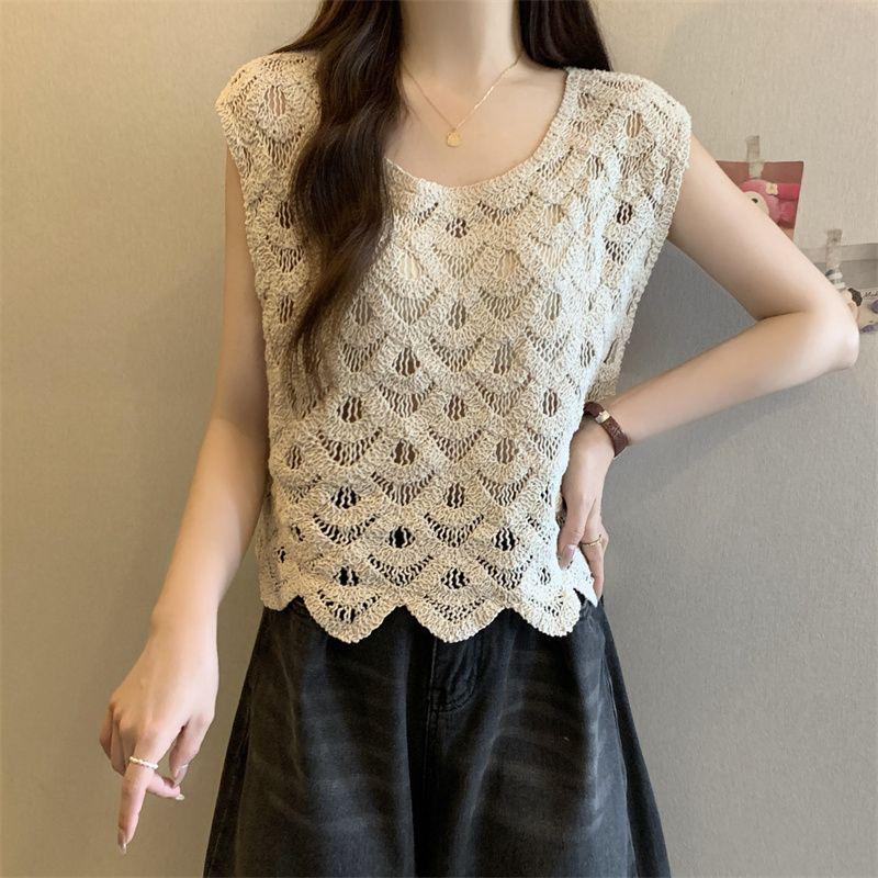 

Small Plus Size Fashion round Neck Sexy Cut Out Young Short High Sleeveless Vest Sweater Summer L-4XL Apricot 4XL(Large size)