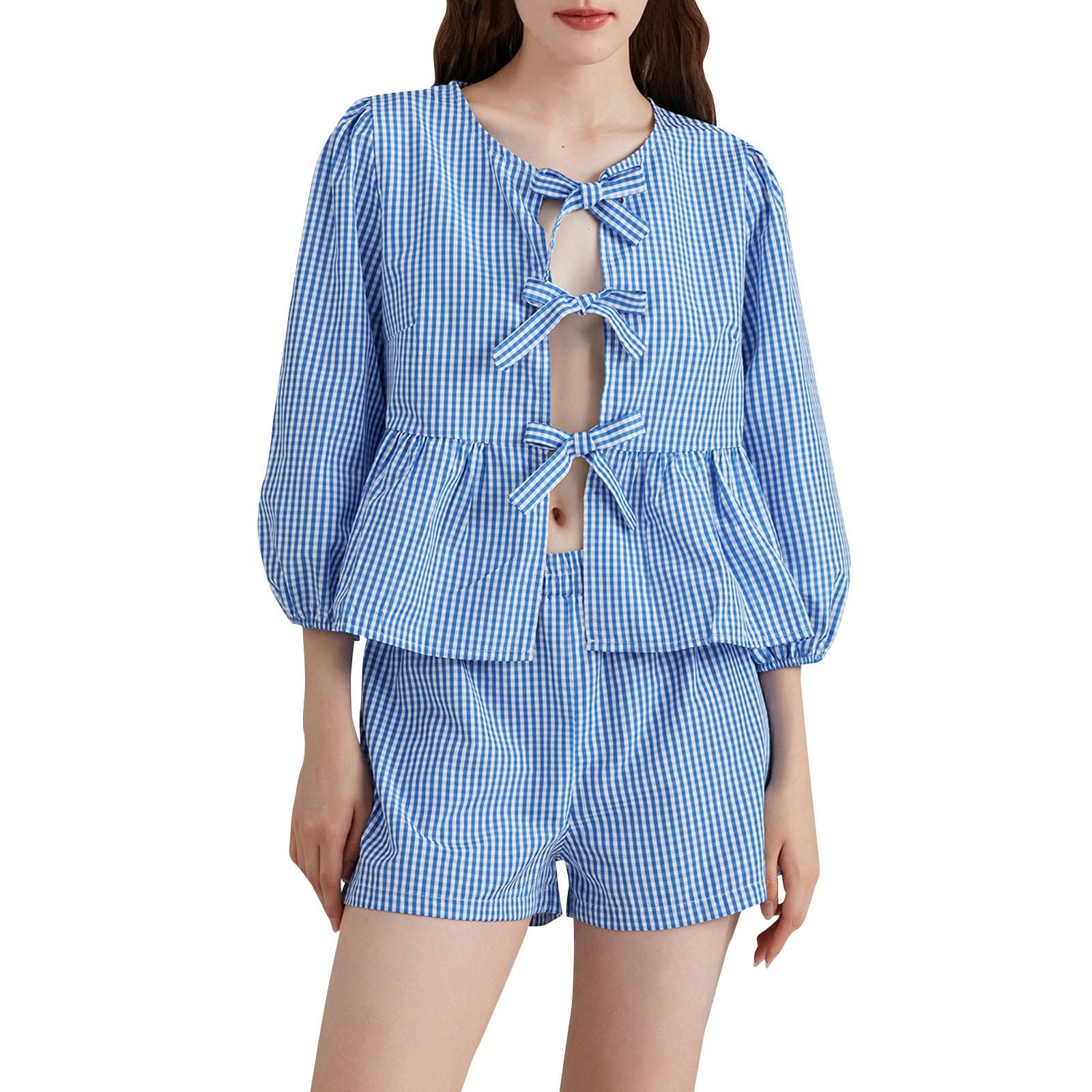 

Женский комплект из двух частей: клетчатый кружевной кардиган с круглым вырезом, рукавами четверть, рубашка и шорты L синий