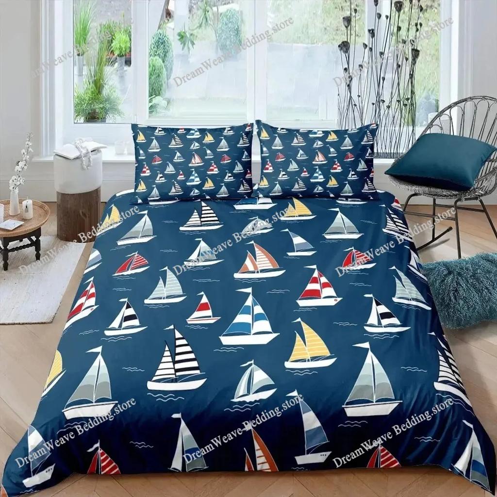 Pirate Sailboat Duvet Cover Nautical Ocean Theme Boys Teen Bedding Cool Style Adult Bedding Set Wave Pattern Printed Room Decor7