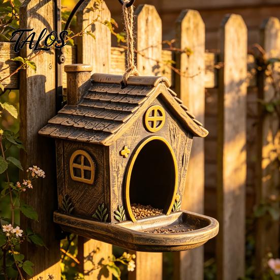 Wild Bird Gift for Gardeners House Shape Hanging Feeder Outdoor Garden Decor, Weatherproof Resin Backyard Watching Supplies with Large Capacity Tray &