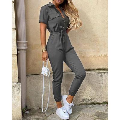 Sommer Damen Hosen Casual Revers Button Print Gürtel Cargo Overall
