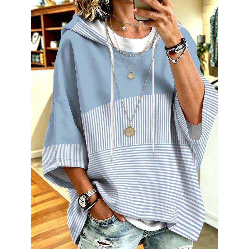 Women's Casual Hooded Sweatshirt in Light Blue Solid Color with Blue and White Thin Stripe Print Patchwork, a Relaxed Style Casual Top