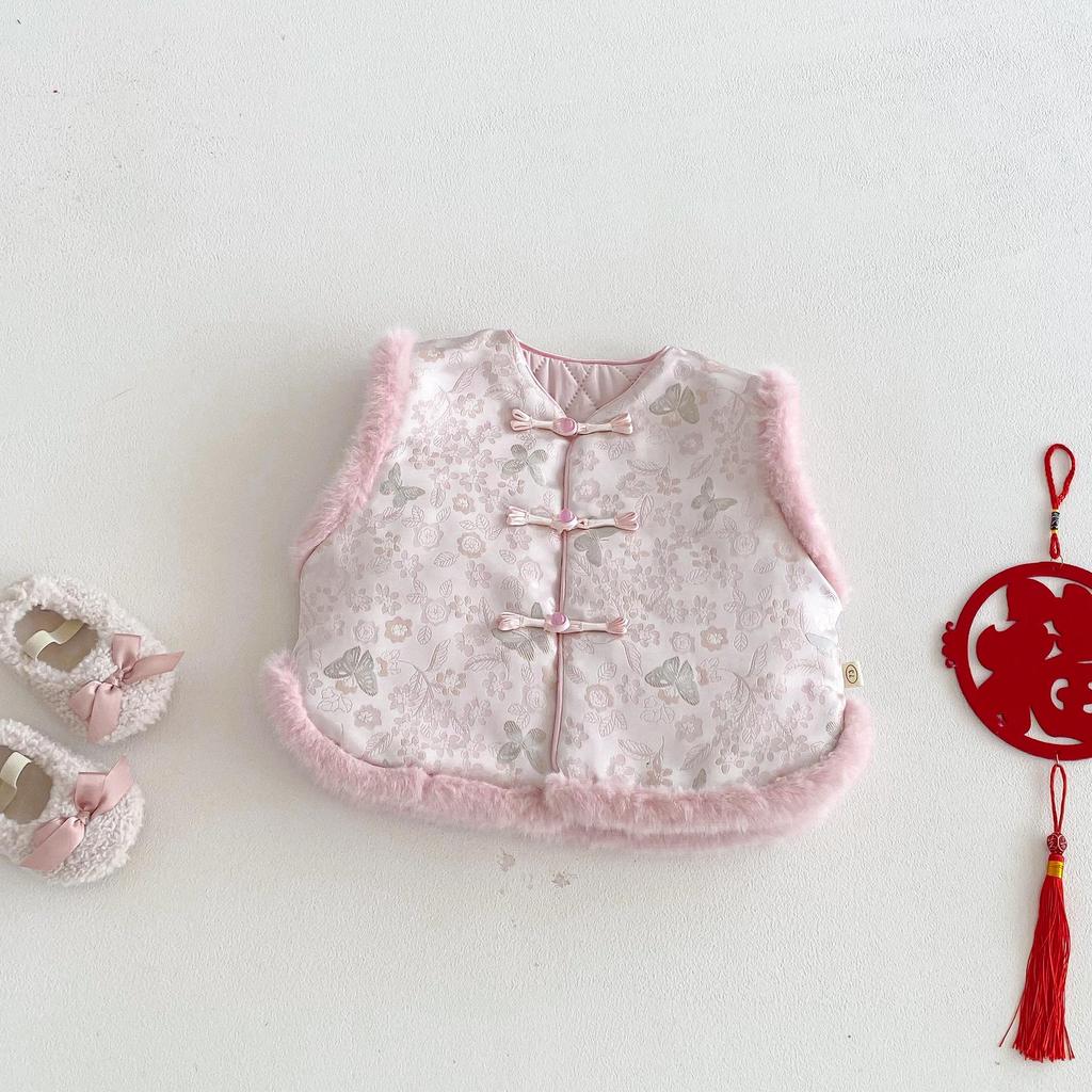 2025 Children's Chinese New Year Retro Jacquard Padded Vest – Winter Outfit for Girls