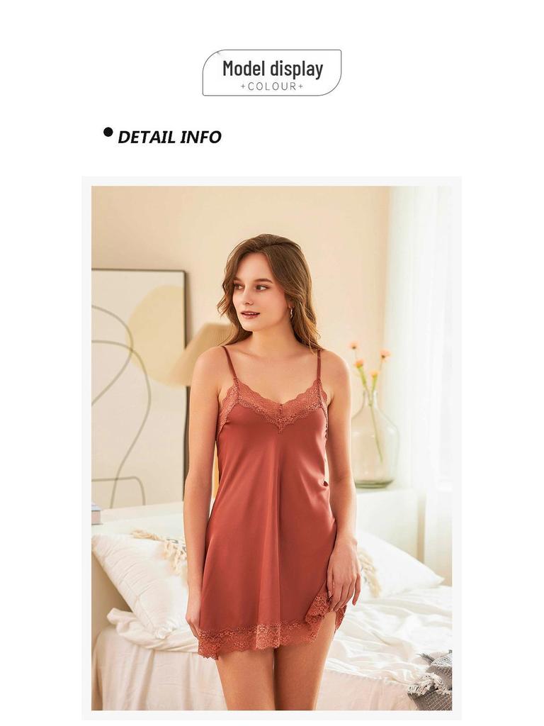Cross-border Ice Silk Sheer Lace Deep V-Neck Women's Sexy Slip Dress Nightgown