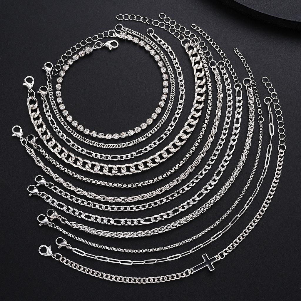12Pcs/Set Silver Color Simple Stylish Punk Hip-Hop Stainless Steel Cross Rhinestones Chain Bracelet Set for Men Women Jewelry