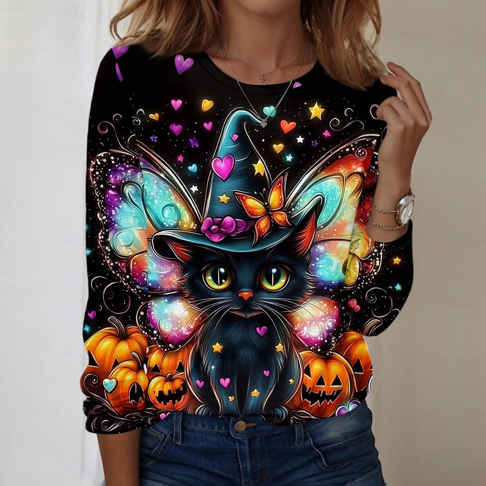 

Women s Halloween Printed Round-neck Loose Long-sleeved Top S синий