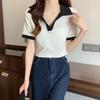 2026 Summer Color Block Polo Collar Slim Crop Top