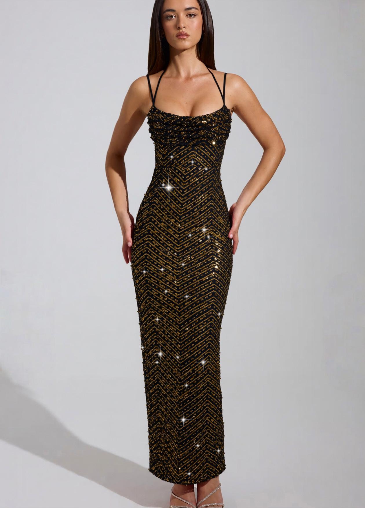 

Европейская и американская мода: Сексуальное блестящее платье на тонких бретельках с открытой спиной и разрезом, украшенное стразами Small золотой