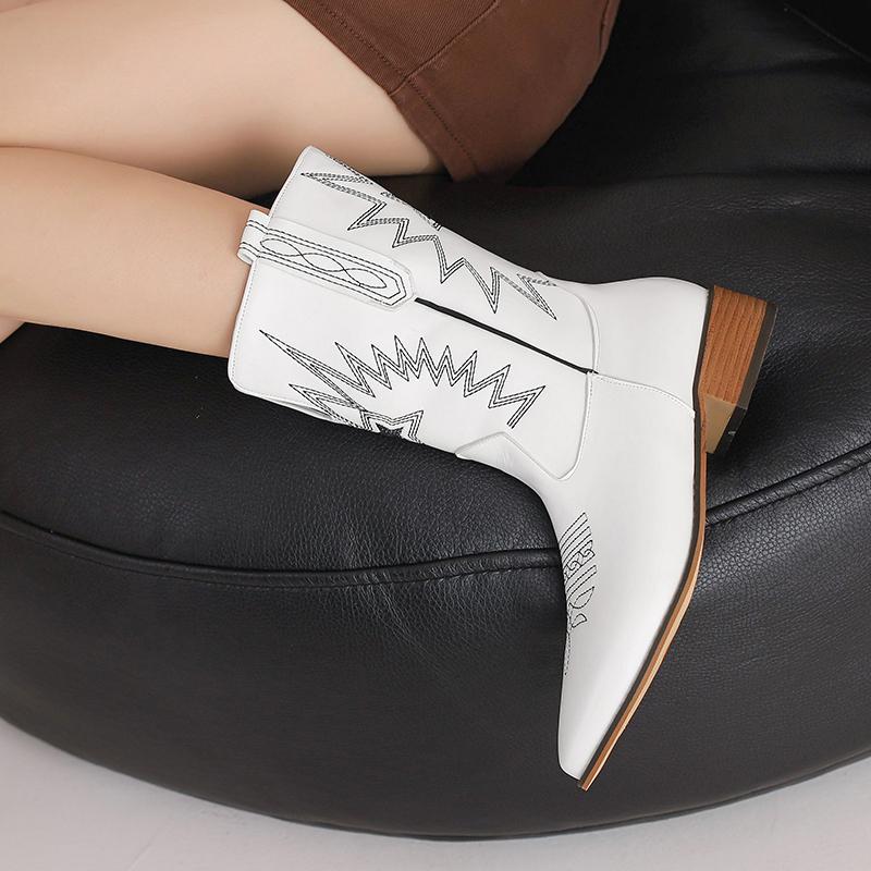 Embroidered Five-Star Women's Short Barrel Western Boots Artificially Embroidered Pointed Toe Plush Lining Slip-On Ankle Boots