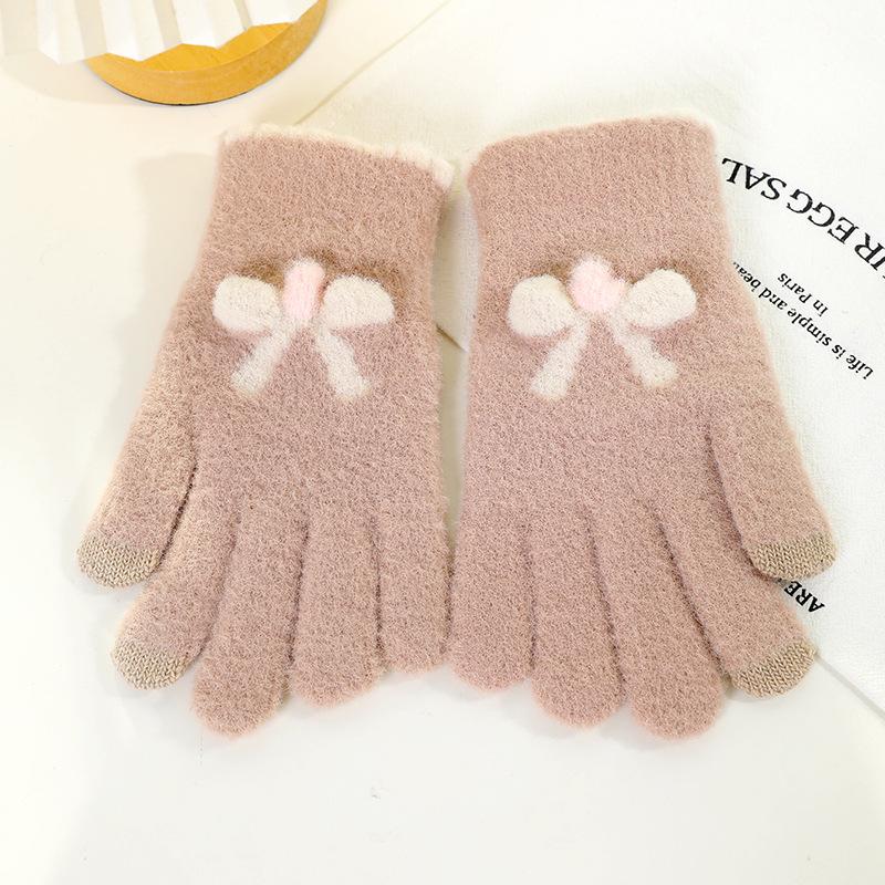 Gestrickte Handschuhe, Damen Herbst und Winter Wolle, warme fünf Finger, niedliche Studenten, die im Winter fahren, neue Schleifen