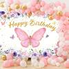 2D Floral Birthday Backdrop, Purple Pink Rose & Butterfly Party Decor Banner