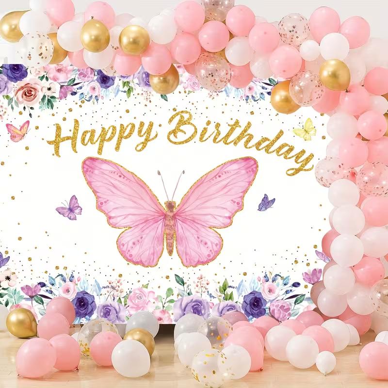 2D Floral Birthday Backdrop, Purple Pink Rose & Butterfly Party Decor Banner