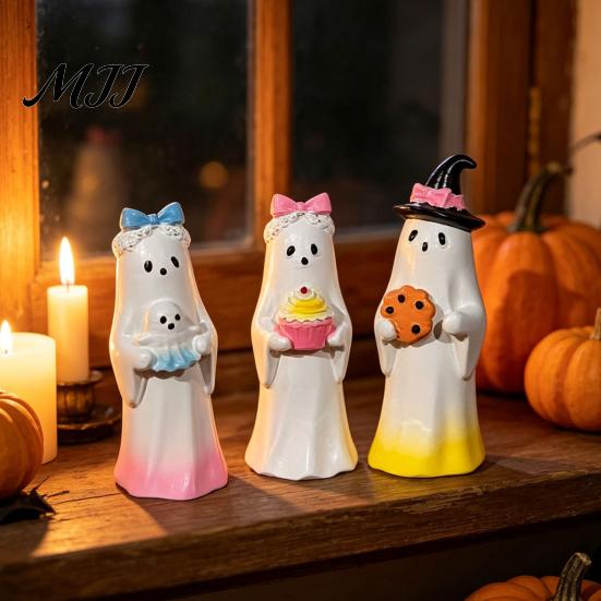 Desktop Decor for Halloween Cute Ghost Ornament, Resin Figurines with Cake/Cookie Small Statues Fireplace Design Home Holiday Party Decoration