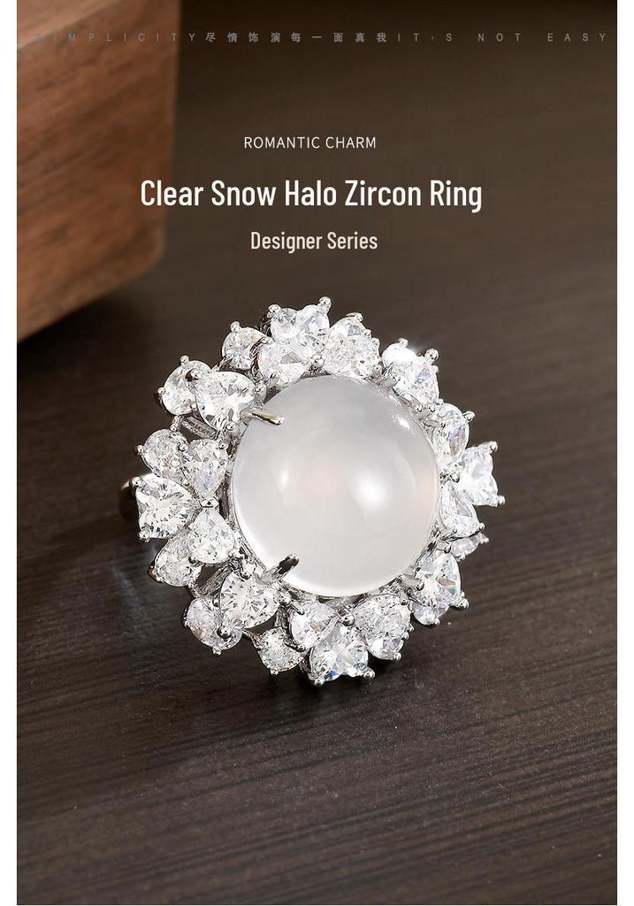Ice Jade White Jade Flower Bloom Ring - High-End Diamond Paved Luxury Banquet Jewelry