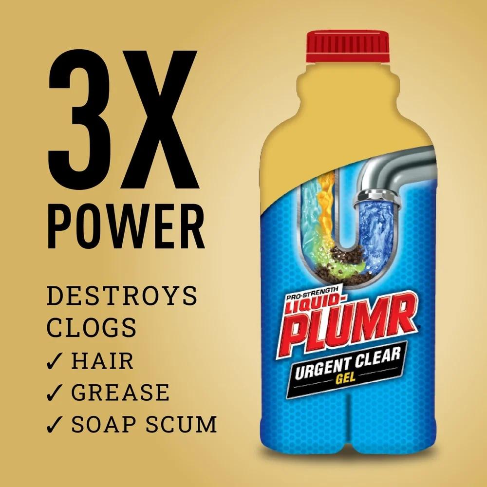 Urgent Clear Drain Clog Remover Gel 3 Pack 17 fl oz Fast Action Destroys Hair Grease Soap Scum Safe Pipes