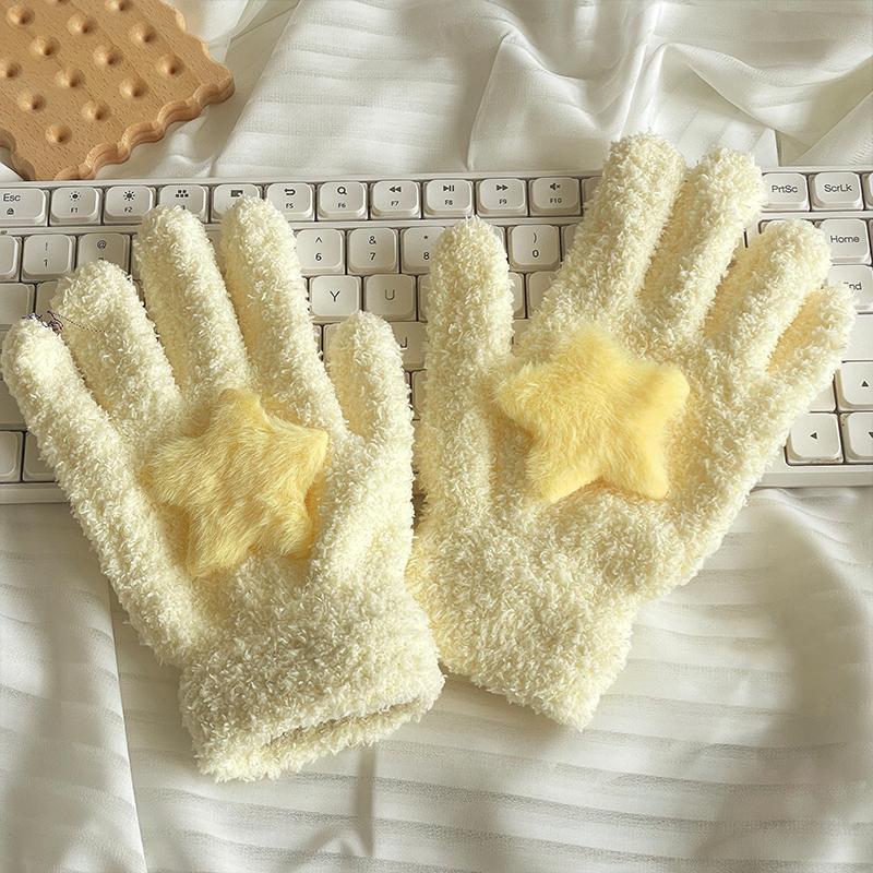Women Coral Velvet Gloves Outdoor Warmer Soft Cartoon Star Cute Plush Cycling Solid Winter