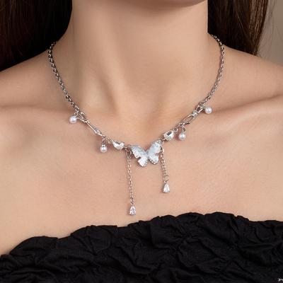 Sweet Crystal Butterfly Tassel Pearl Necklace Light Luxury Diamond-Encrusted Premium Collarbone Chain Light Luxury Niche Neck Chain Accessories