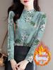 Women's Ribbed Velvet Floral Top, Half-High Neck, Long Sleeve, Slimming, Versatile, Age-Reducing, Perfect for Autumn/Winter.