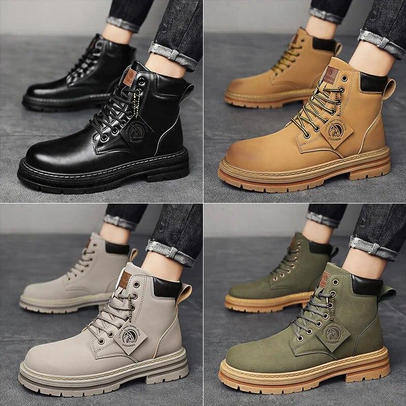 New Men's High Top Work Boots Fashion Motorcycle Boots Men Ankle Boots Tooling Hiking Shoes Winter Military Lace-Up Boots