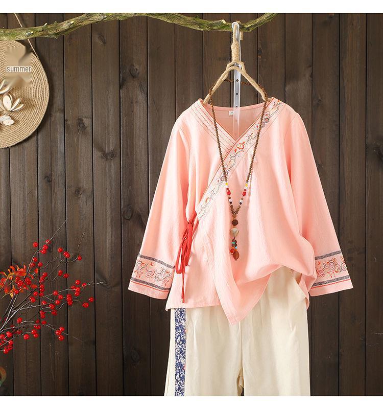 Women's Embroidered Loose Cotton Linen Blouse Cardigan - Tie-Up Spring/Summer Top