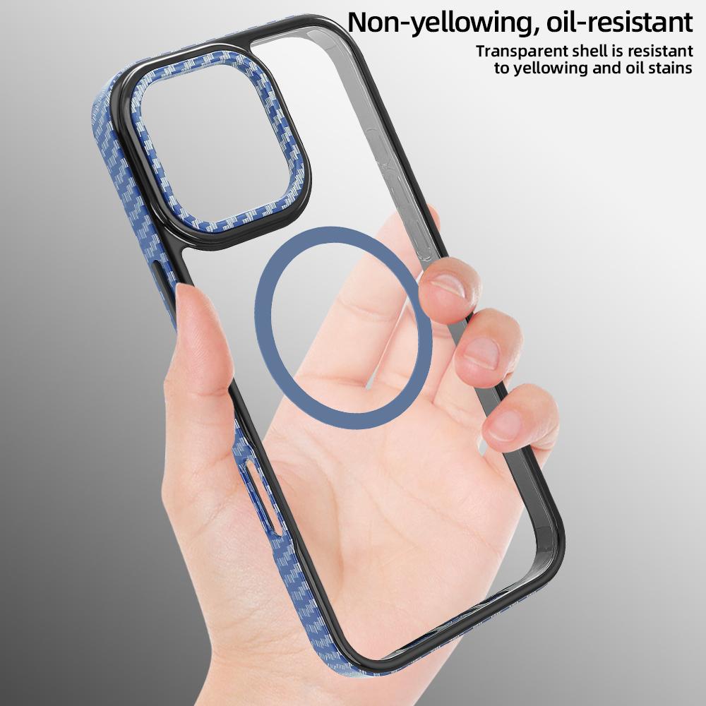 For iPhone 16 pro Max Strong Magnetic Phone Case Carbon Fiber Pattern Frame Transparent Cover for iPhone 16 pro, Wireless Charge
