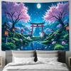 Japanese Cherry Blossom Garden Torii Gate Moon Night Landscape Wall Tapestry Easy To Clean All Season Print Oriental Design Home