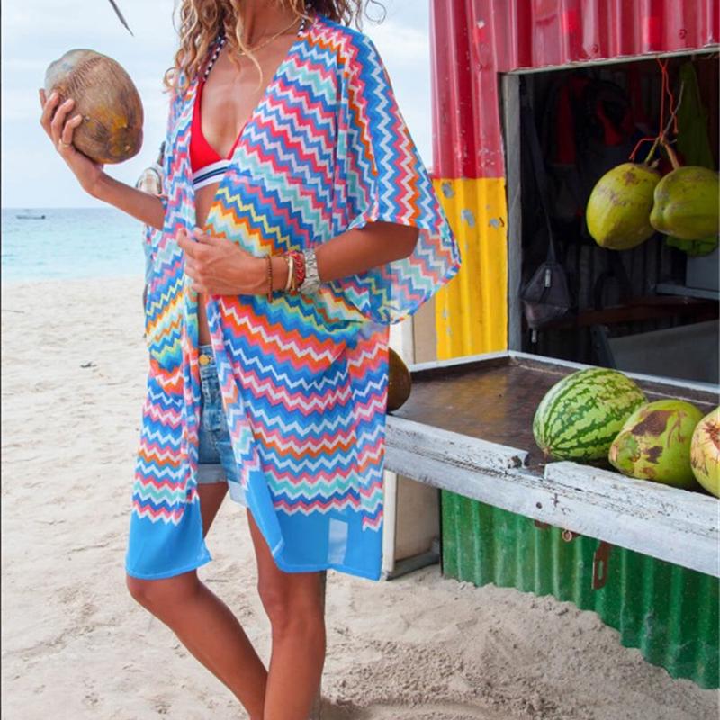 Striped Chiffon Beach Cover Up Print Bathing Suit Cover Up Swimwear For Women
