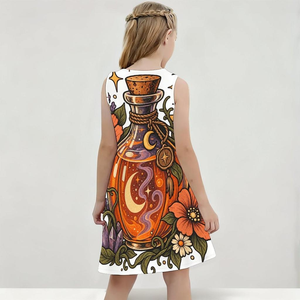 Little Girls Round Neck Sleeveless A Line Flared Dress Halloween Cartoon Lamb Printed