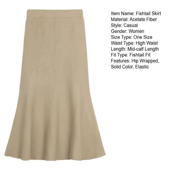 Women Fishtail Skirt High Waist Hip Wrapped Midi Skirt Solid Color Slim Fit Autumn Winter Knitting A-Line Skirt