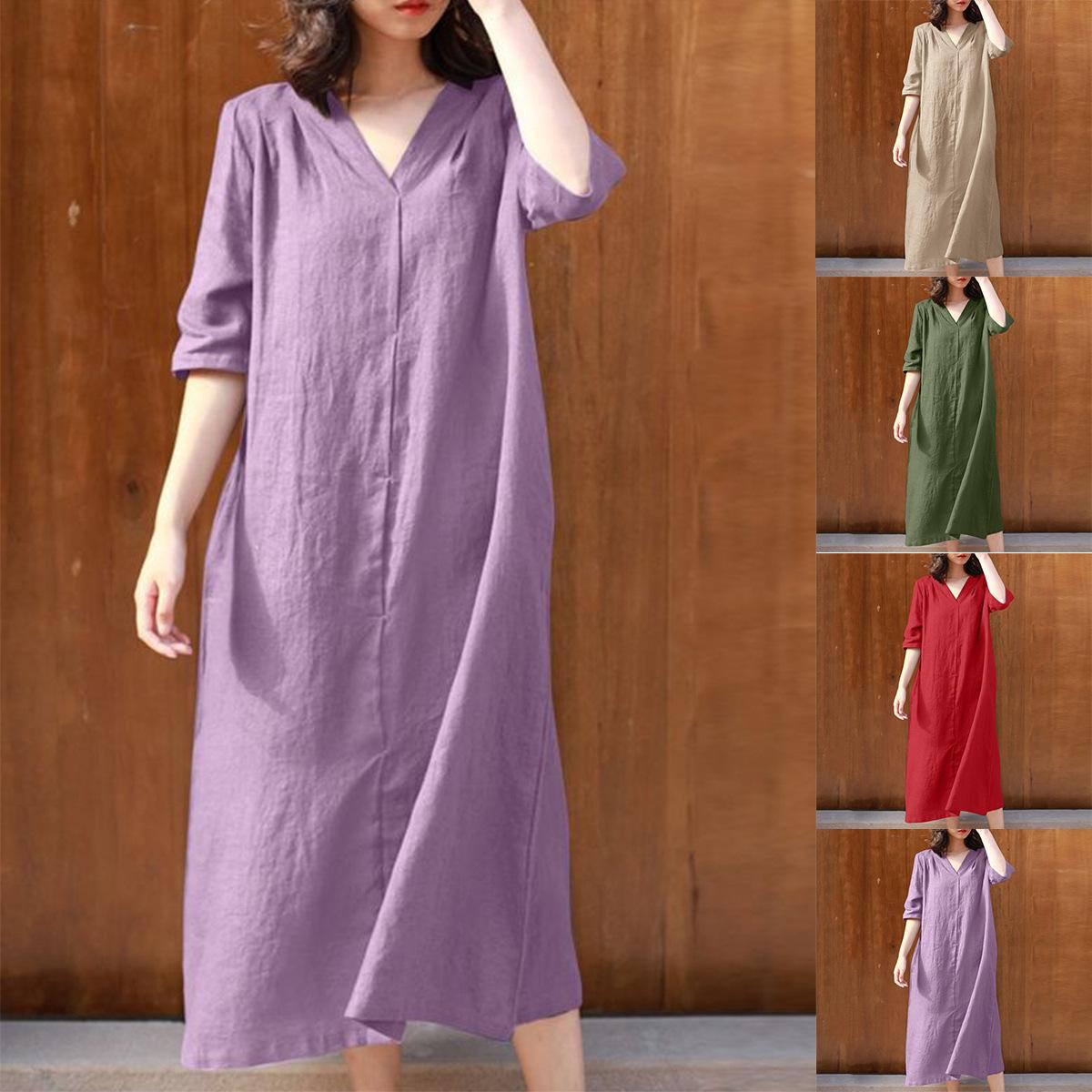 

New Women s Mid Sleeved Cotton Dress, Casual Vest Skirt, Fashionable Mid Length Robe S червоний