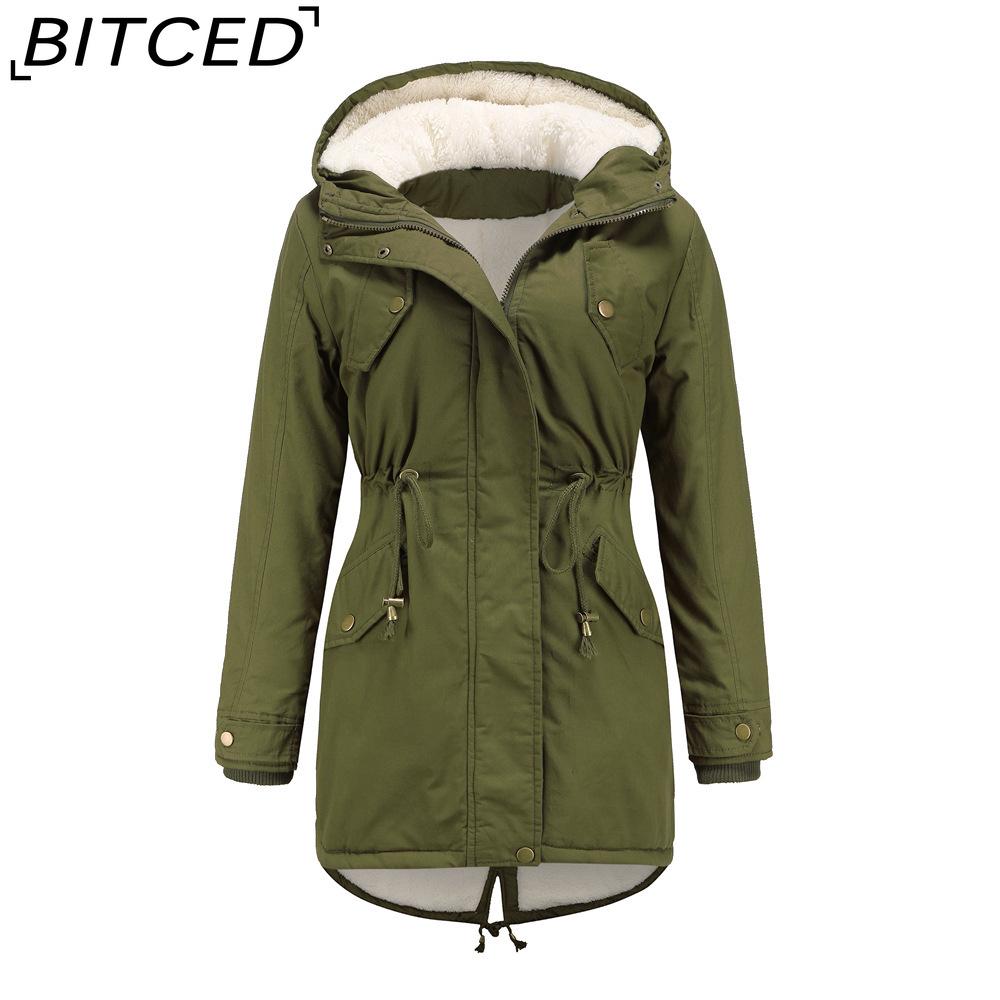 BITCED Autumn/Winter Women's Cotton Coat Solid-Colour Hooded Parka Thick Cotton Coat with Fleece Lining