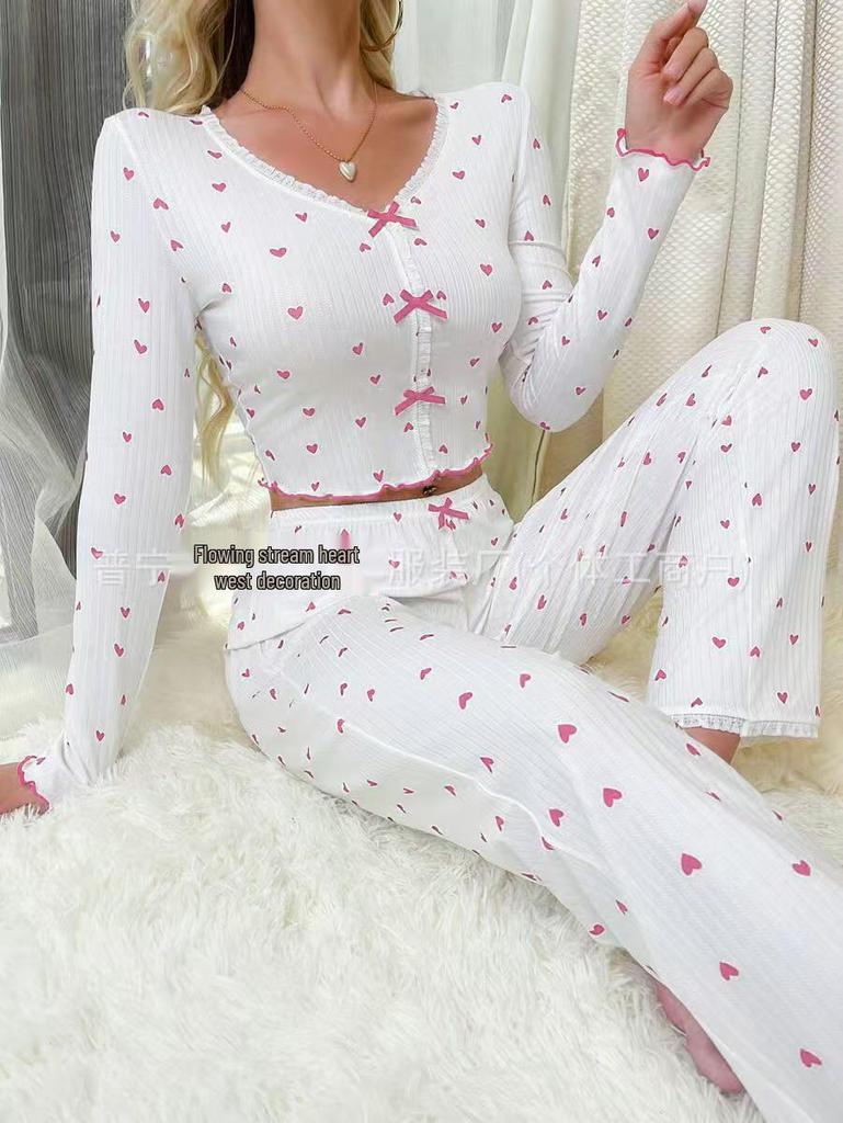 Women's 2025 European V-Neck Love Print Pajama Set - Long Sleeve Top & Pants, Indoor/Outdoor Wear