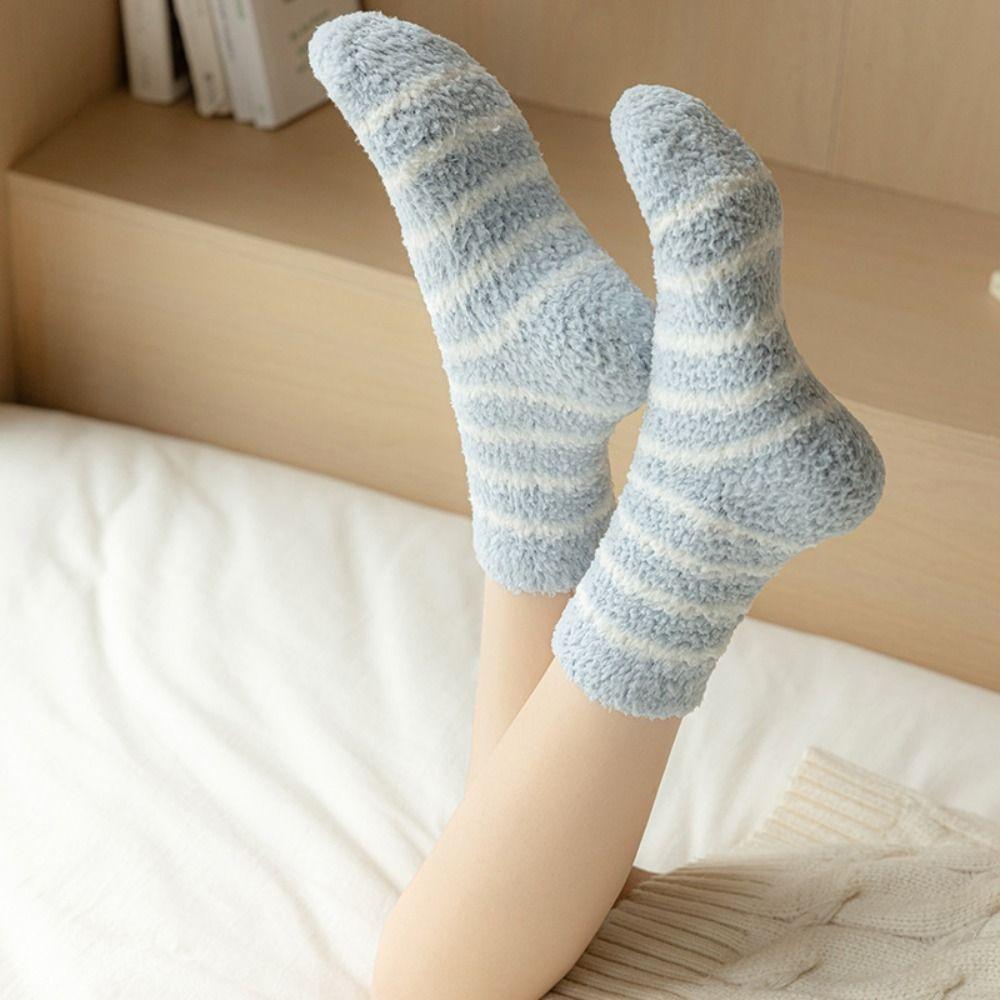 6Pairs Patchwork Thicken Velvet Socks Stripe Sleeping Socks Warm Coral Fleece Socks  Women